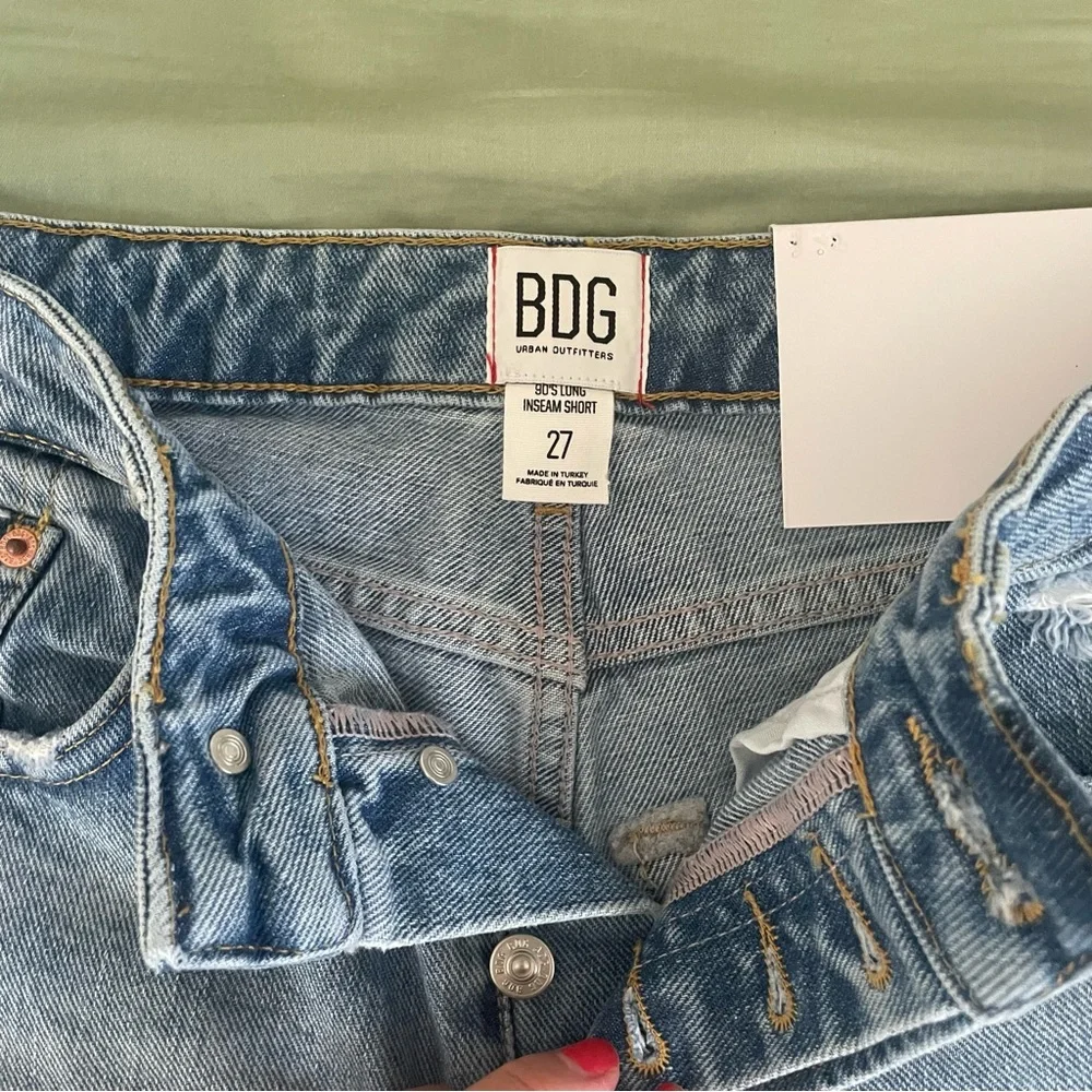 BDG 90s Denim High Rise Long Inseam Cutoff Dad Jean Shorts Light Medium Wash